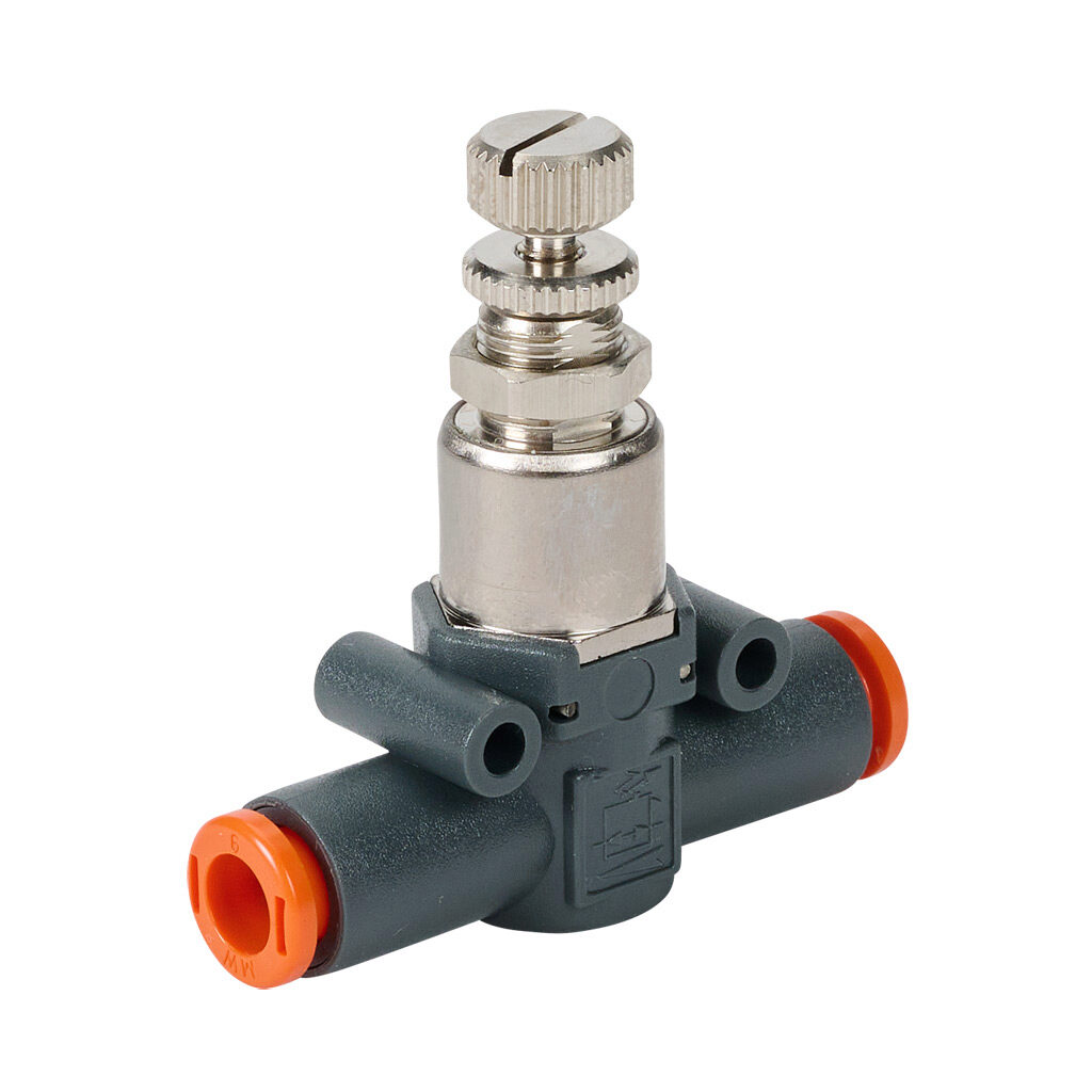 9061316 - Metal Work pneumatic push-to-connect fitting, inline pressure regulator, technopolymer body, (1) 6mm push-to-connect inlet(s), (1) 6mm push-to-connect outlet(s), 14.5-116 psi range.