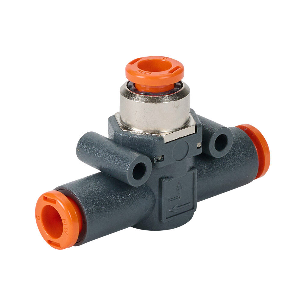 9063016 - Metal Work pneumatic push-to-connect fitting, inline quick exhaust valve, technopolymer body, (1) 6mm push-to-connect inlet(s), (1) 6mm push-to-connect outlet(s), (1) 6mm push-to-connect exhaust(s).