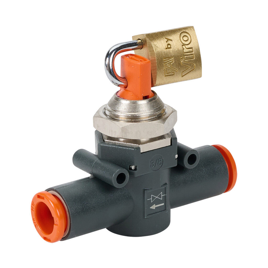 9065132U - Metal Work pneumatic push-to-connect fitting, manual shutoff valve, locking, 2-way, technopolymer body, (1) 3/8in push-to-connect to (1) 3/8in push-to-connect.
