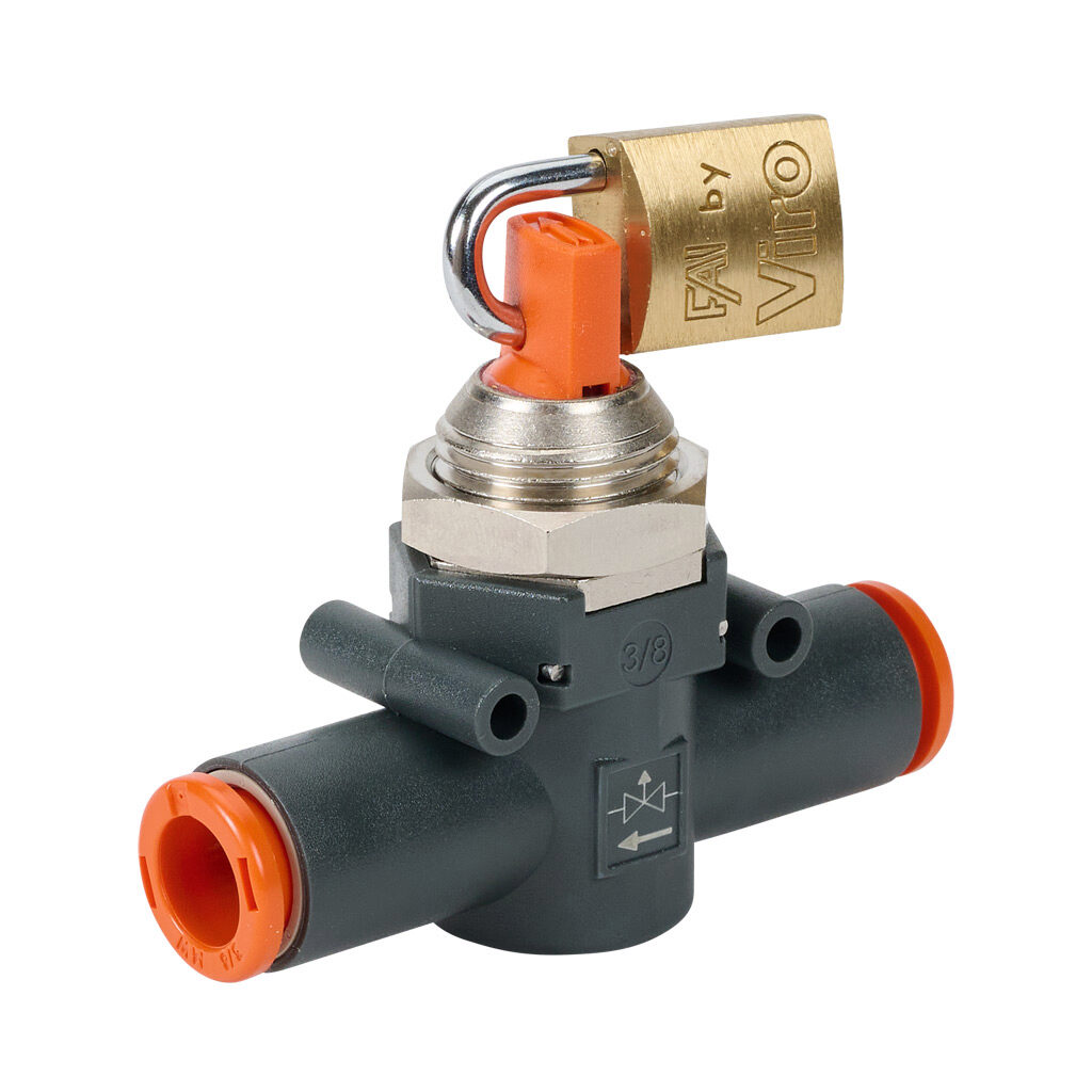9066132U - Metal Work pneumatic push-to-connect fitting, manual shutoff valve, locking, 3-way, technopolymer body, (1) 3/8in push-to-connect to (1) 3/8in push-to-connect.