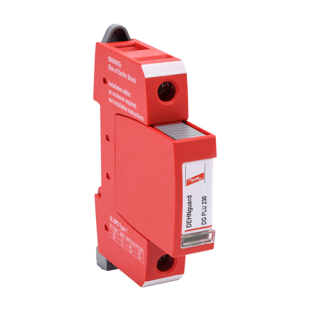 908090 - Dehn DG-SU series power Surge Protective Device (SPD), 20 kA discharge current, 120 VAC 1-Phase, parallel circuit, 35mm DIN rail mount.