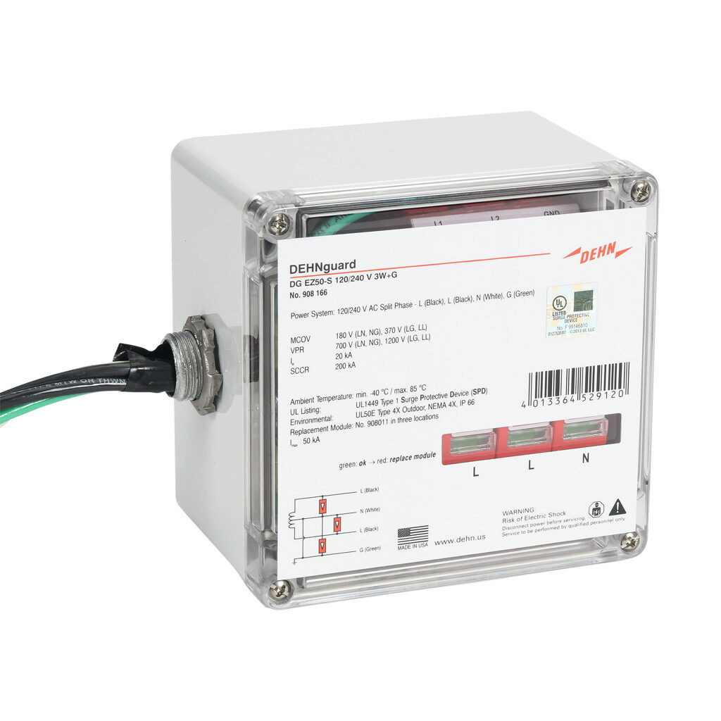 908166 - Dehn EZ50-S series power Surge Protective Device (SPD), 20 kA discharge current, 240/120 VAC split phase, neutral ground protection, parallel circuit, NEMA 4X enclosure rating, IP66, 1/2in NPSM/Wall mount.