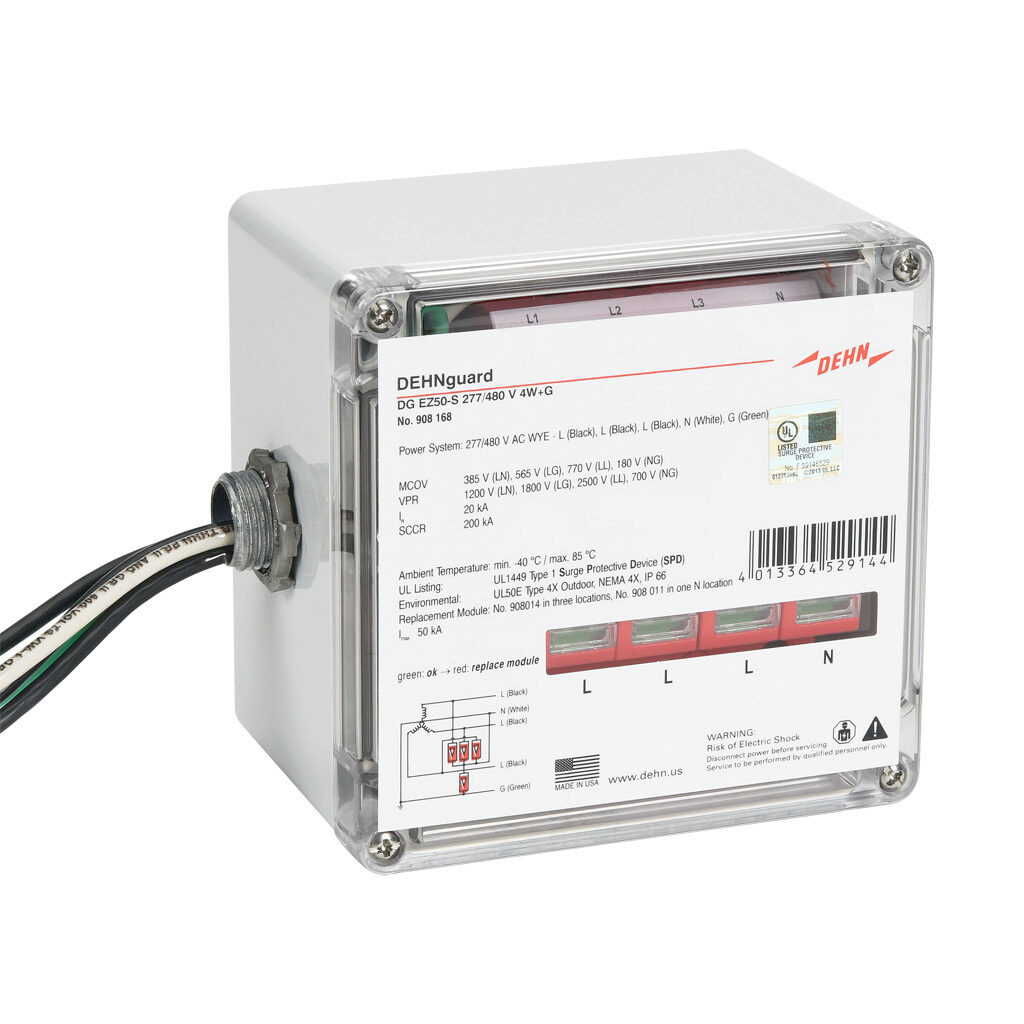 908168 - Dehn EZ50-S series power Surge Protective Device (SPD), 20 kA discharge current, 480/277 VAC 3-Phase Wye, neutral ground protection, parallel circuit, NEMA 4X enclosure rating, IP66, 1/2in NPSM/Wall mount.
