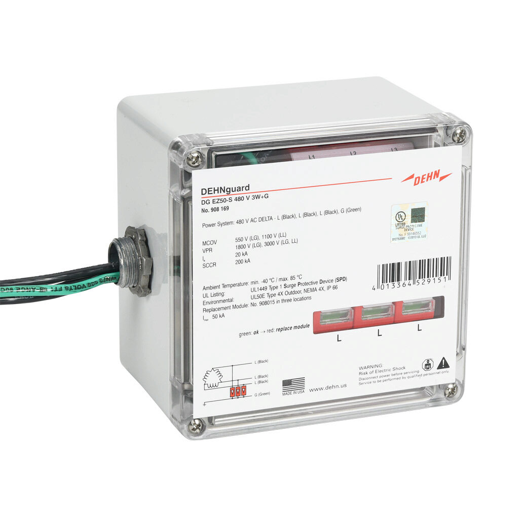 908169 - Dehn EZ50-S series power Surge Protective Device (SPD), 20 kA discharge current, 480 VAC 3-Phase Delta, parallel circuit, NEMA 4X enclosure rating, IP66, 1/2in NPSM/Wall mount.