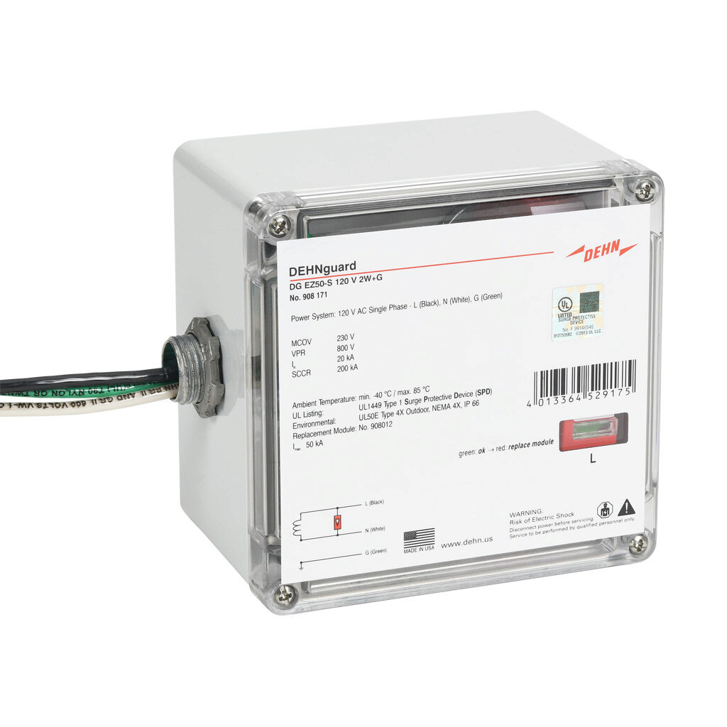 908171 - Dehn EZ50-S series power Surge Protective Device (SPD), 20 kA discharge current, 120 VAC 1-Phase, parallel circuit, NEMA 4X enclosure rating, IP66, 1/2in NPSM/Wall mount.