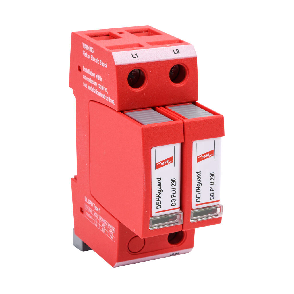 908195 - Dehn DG-MU series power Surge Protective Device (SPD), 20 kA discharge current, 240/120 VAC Split Phase, parallel circuit, 35mm DIN rail mount.