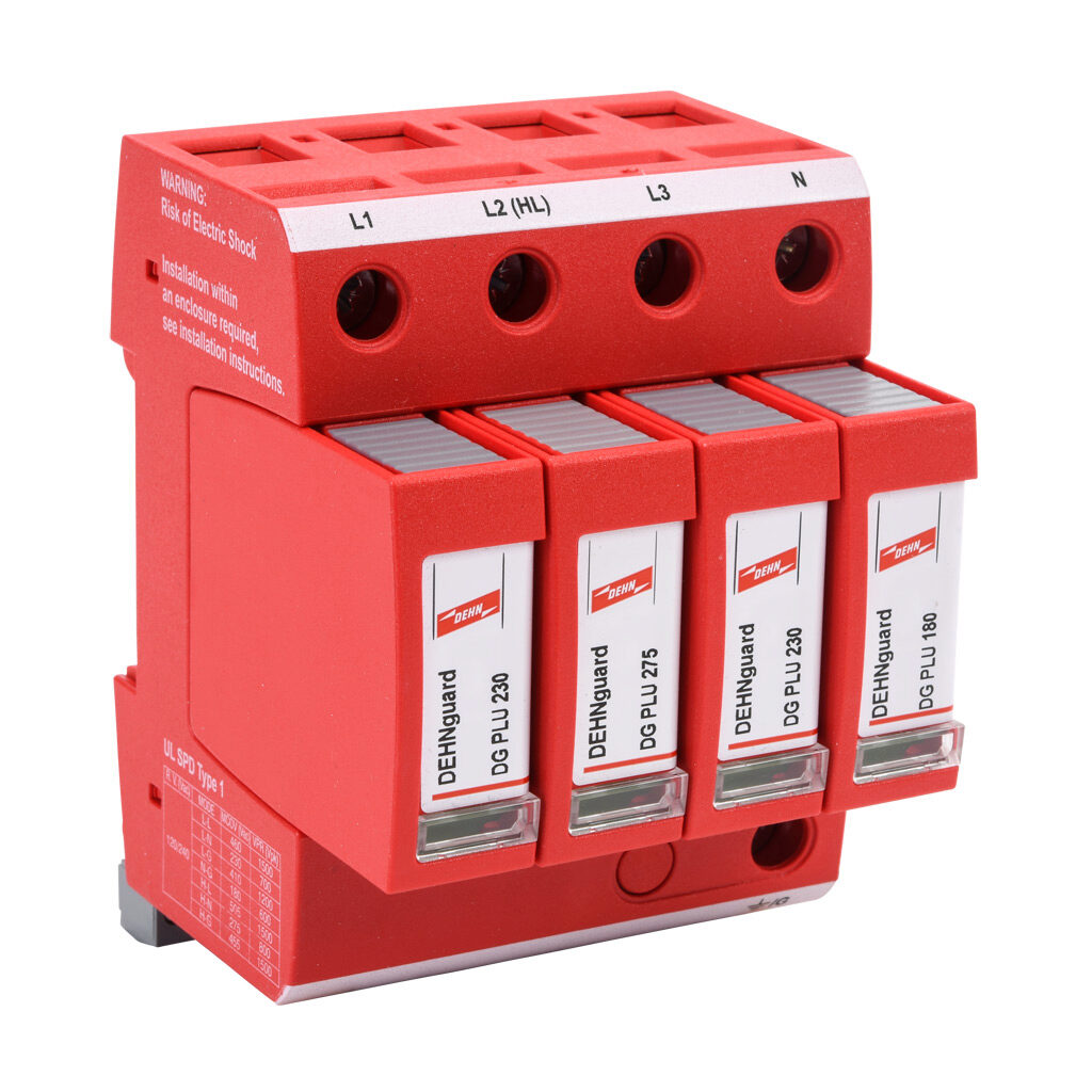 908348 - Dehn DG-MU series power Surge Protective Device (SPD), 20 kA discharge current, 240/120 VAC High-Leg Delta, neutral ground protection, parallel circuit, 35mm DIN rail mount.