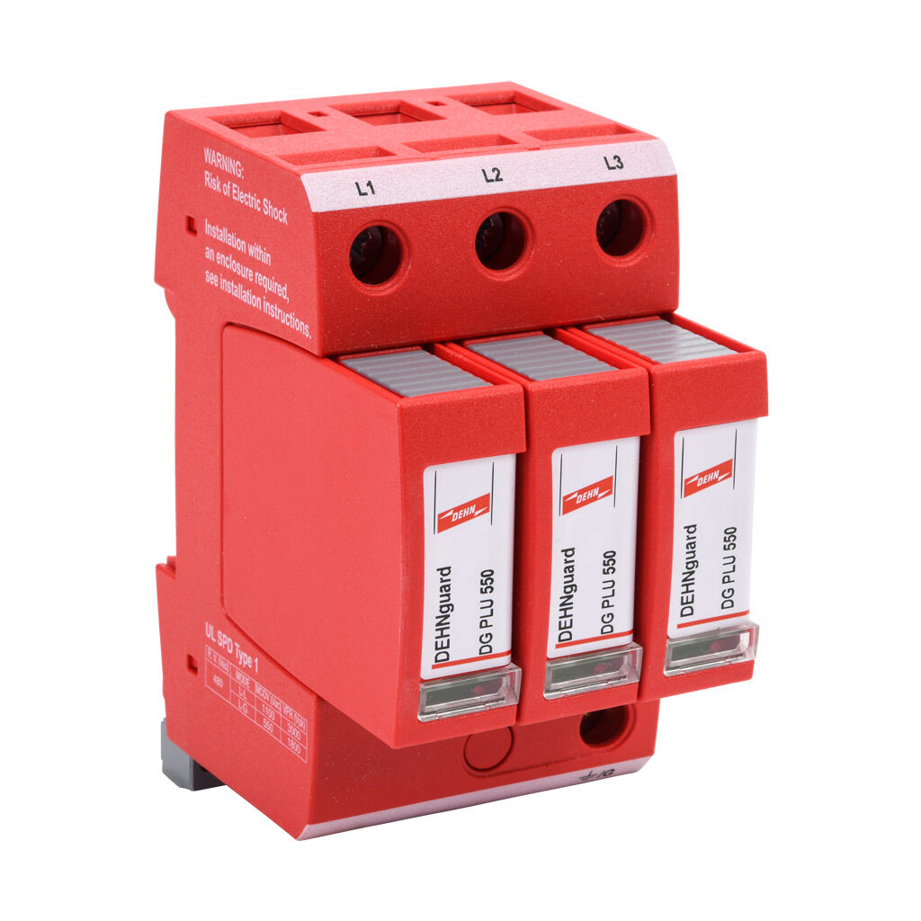 908355 - Dehn DG-MU series power Surge Protective Device (SPD), 20 kA discharge current, 480 VAC 3-Phase Delta, parallel circuit, 35mm DIN rail mount.