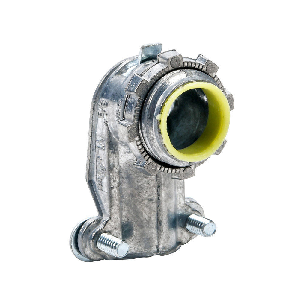 91003B - Halex fitting, zinc die cast, 90-degree, 3/8in trade size, screw clamp conduit connection, insulated. Package of 25. For use with flexible metal conduit (FMC). Screws and locknut included.