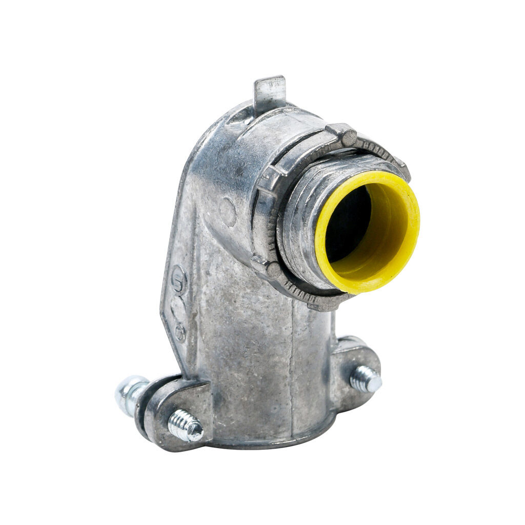 91005B - Halex fitting, zinc die cast, 90-degree, 1/2in trade size, screw clamp conduit connection, insulated. Package of 25. For use with flexible metal conduit (FMC), AC cable (BX), MC cable. Screws and locknut included.