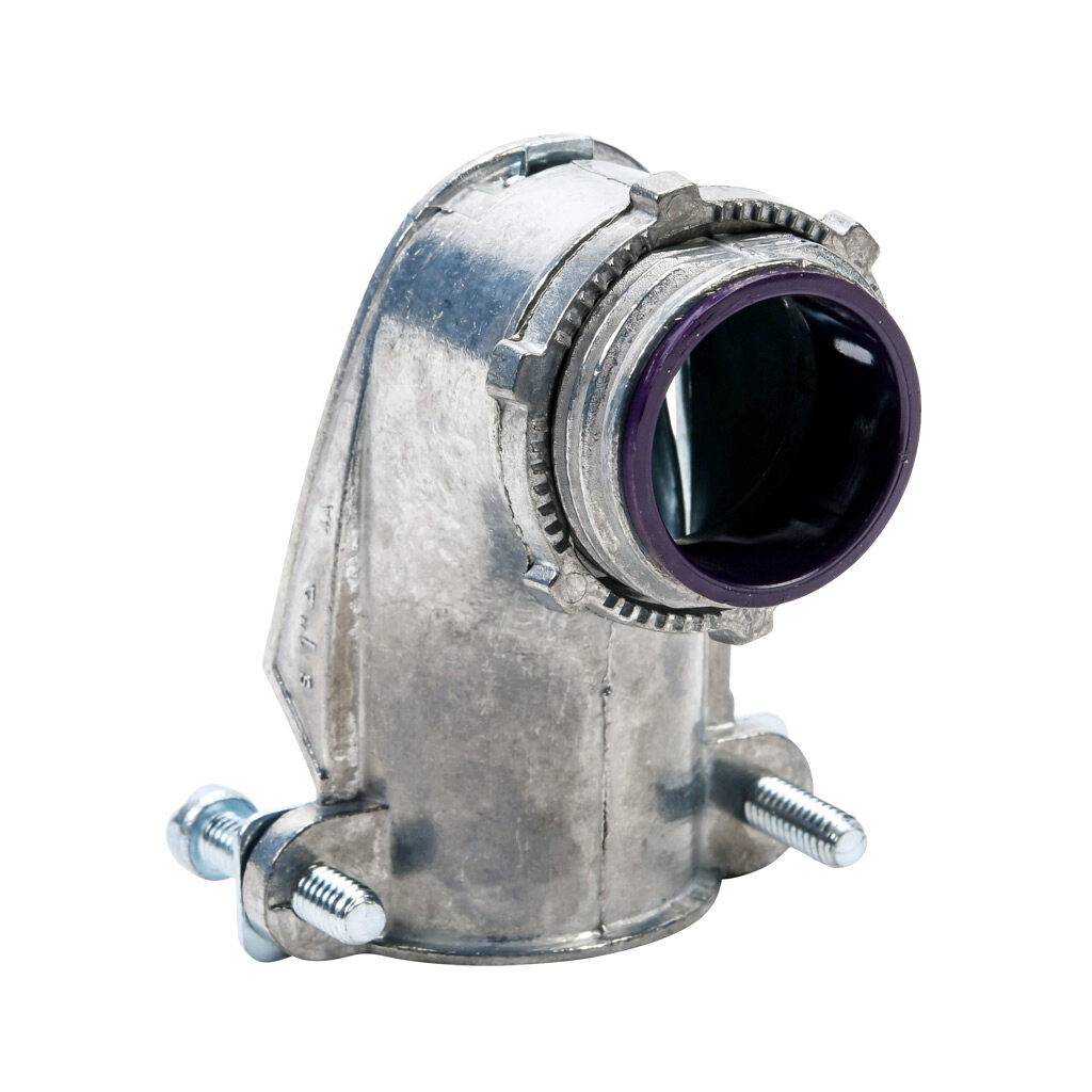 91010B - Halex fitting, zinc die cast, 90-degree, 1in trade size, screw clamp conduit connection, insulated. Package of 1. For use with flexible metal conduit (FMC), AC cable (BX), MC cable. Screws and locknut included.