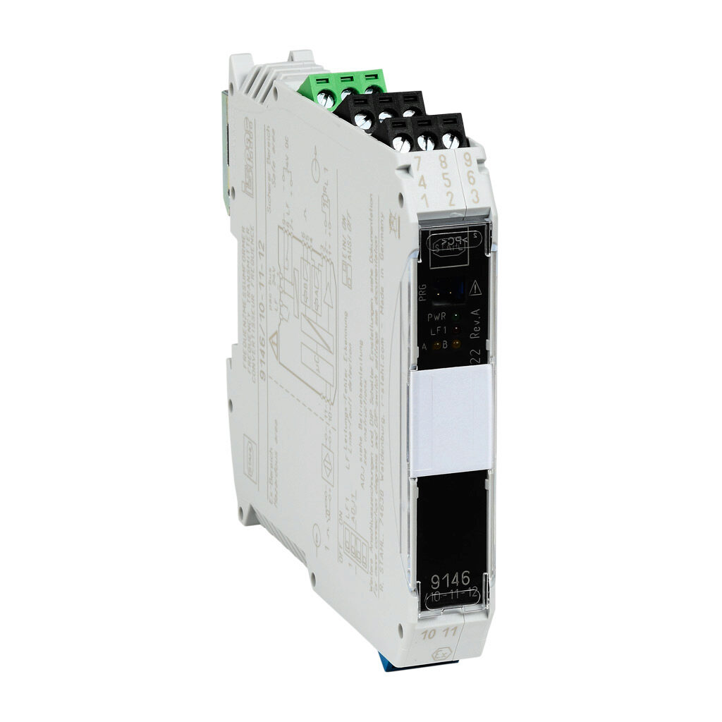 9146-10-11-12S - STAHL ISpac intrinsically safe frequency transmitter isolator, (1) 0.001 Hz to 20 kHz input, (1)&nbsp;0-20 mA or 4-20 mA and (2) N.O./N.C. configurable output, 24 VDC operating voltage, screw terminals.