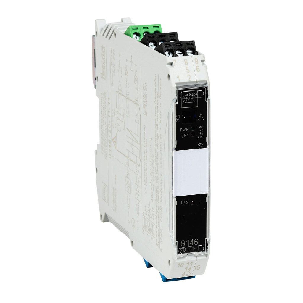 9146-20-11-11S - STAHL ISpac intrinsically safe frequency transmitter isolator, (2) 0.001 Hz to 20 kHz input, (2) 0-20 mA or (2) 4-20 mA output, 24 VDC operating voltage, screw terminals.