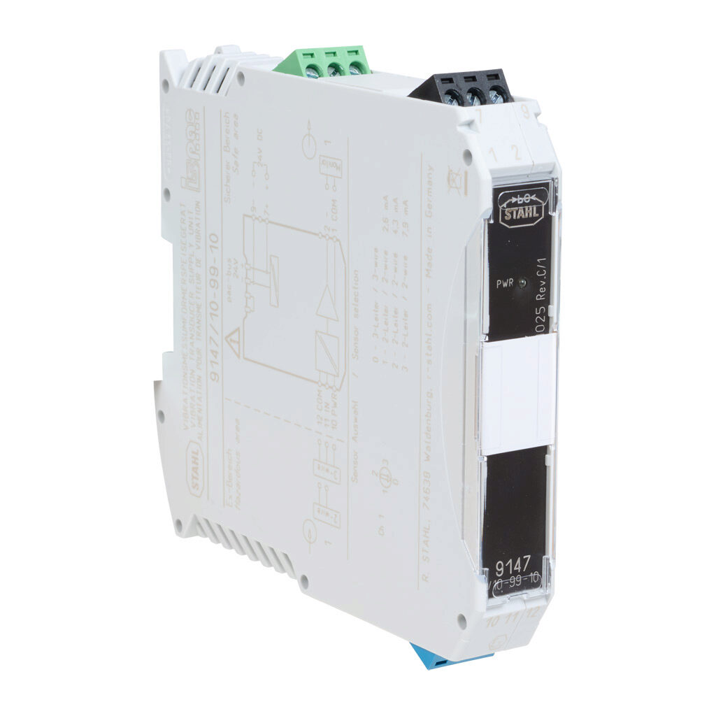 9147-10-99-10S - STAHL ISpac intrinsically safe vibration transducer output isolator, 0.001 Hz to 20 kHz input, 0.001 Hz to 20 kHz output, 24 VDC operating voltage, screw terminals.