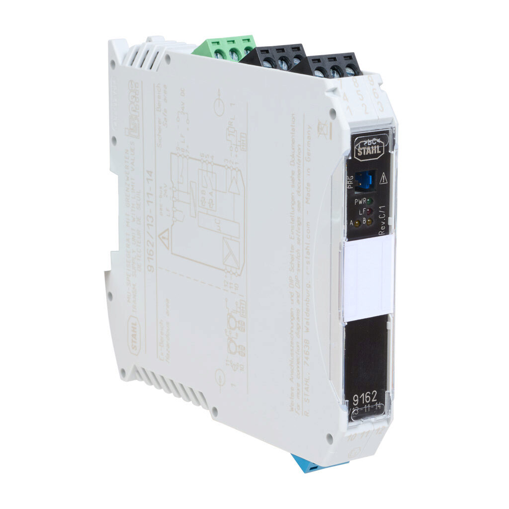 9162-13-11-14S - STAHL ISpac intrinsically safe analog input isolator, 4-20 mA HART input, 4-20 mA HART and (2) N.O. output, 24 VDC operating voltage, screw terminals.