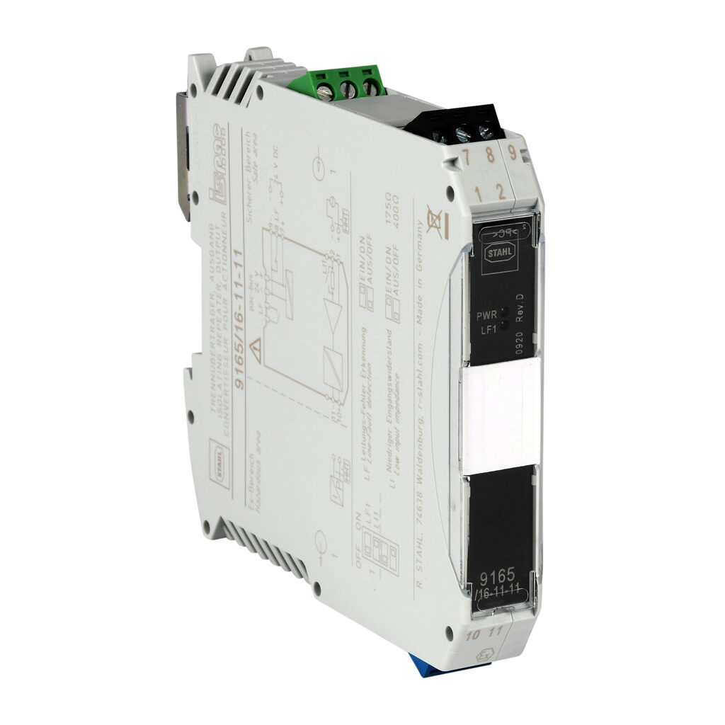 9165-16-11-11S - STAHL ISpac intrinsically safe analog output isolator, 0-20 mA HART or 4-20 mA HART input, 0-20 mA HART and 4-20 mA HART output, 24 VDC operating voltage, screw terminals.