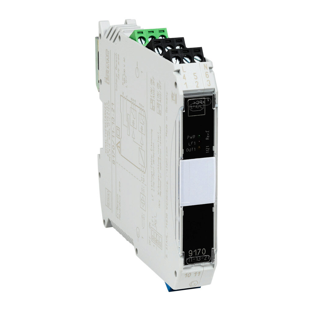 9170-11-13-21S - STAHL ISpac intrinsically safe digital input isolator, NAMUR sensor or dry contact input, (2) SPDT relay output, 110-230 VAC operating voltage, screw terminals.
