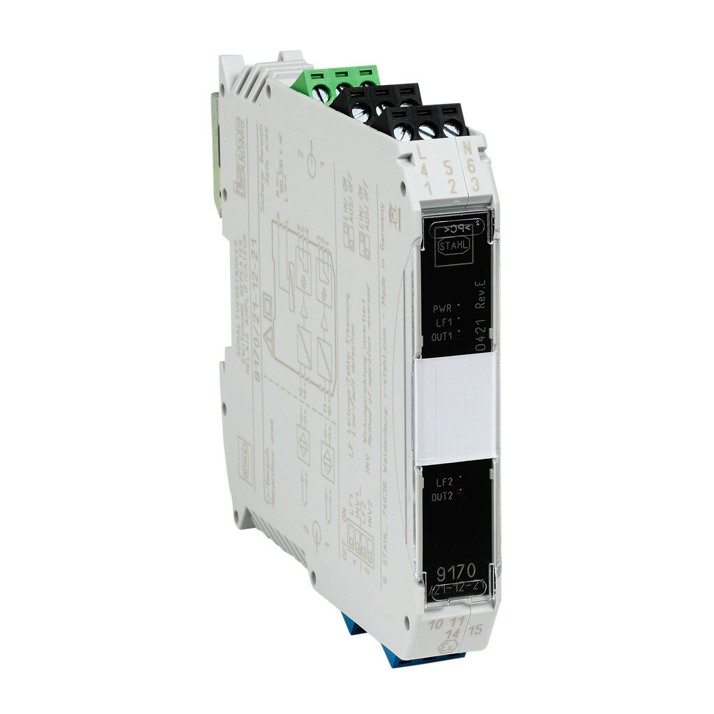 9170-21-12-21S - STAHL ISpac intrinsically safe digital input isolator, (2) NAMUR sensors or (2) dry contacts input, (2) SPDT relay output, 110-230 VAC operating voltage, screw terminals.