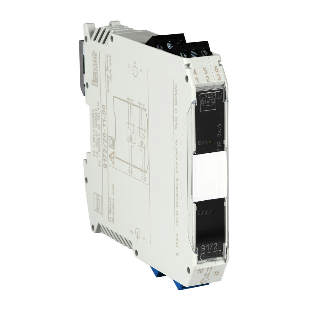 9172-20-11-00S - STAHL ISpac intrinsically safe relay input isolator, Ex-i 14-30 VDC input, (2) SPDT relays output, 24 VDC operating voltage, screw terminals.