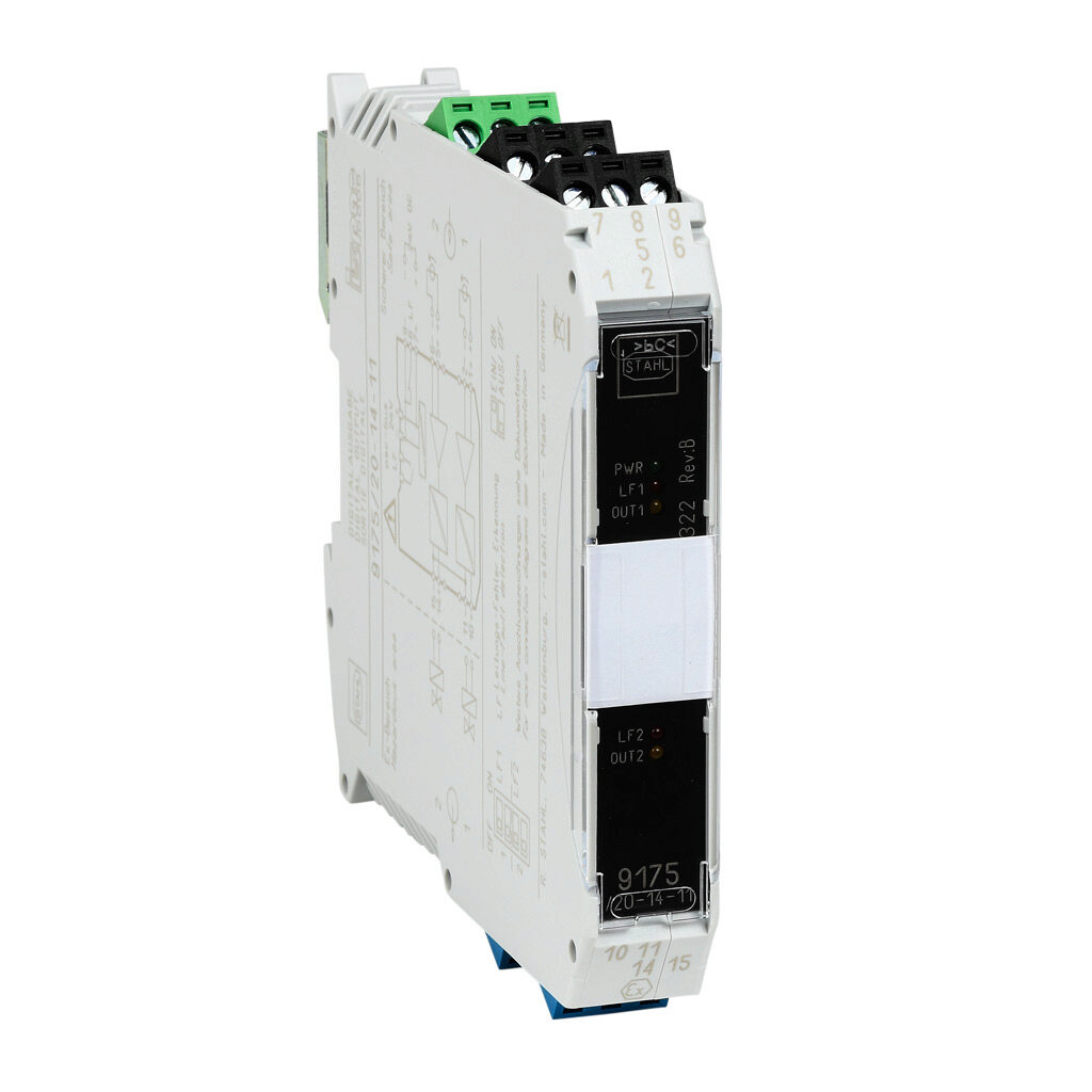 9175-20-14-11S - STAHL ISpac intrinsically safe digital output isolator, (2) 15-31.2 VDC input, (2) 43 mA at 12 VDC output, 24 VDC operating voltage, screw terminals.