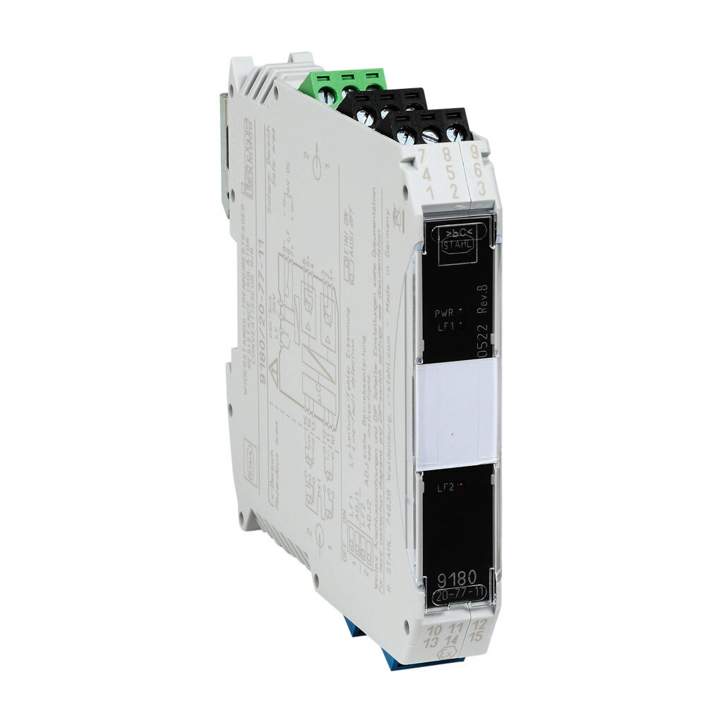 9180-20-77-11S - STAHL ISpac intrinsically safe temperature repeater isolator, Pt100 RTD input, (2) resistance equal to input output, 24 VDC operating voltage, screw terminals.