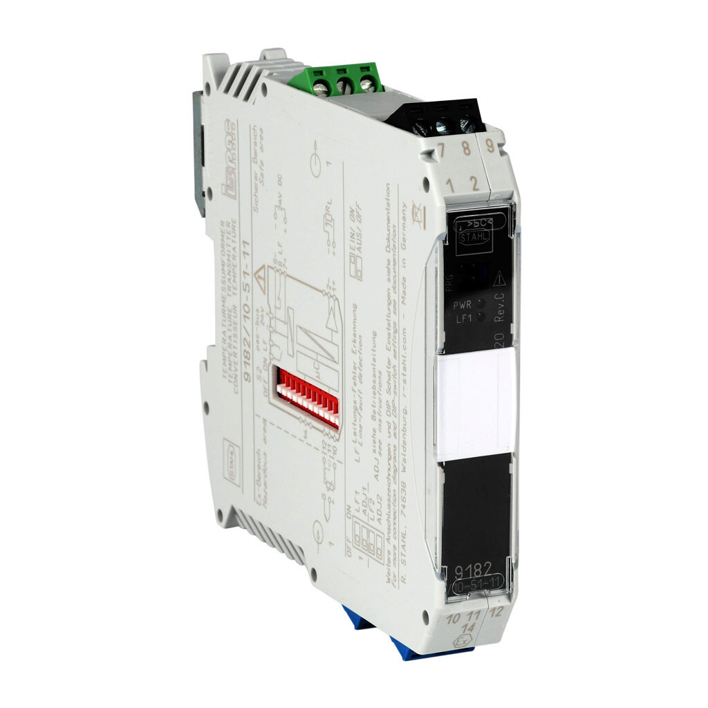 9182-10-51-11S - STAHL ISpac intrinsically safe temperature input isolator, RTD or thermocouple input, 0-20 mA and 4-20 mA output, 24 VDC operating voltage, screw terminals.
