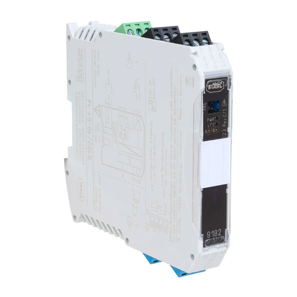 9182-10-51-14S - STAHL ISpac intrinsically safe temperature input isolator, RTD, thermocouple or potentiometer input, 0-20 mA and 4-20 mA output, 24 VDC operating voltage, screw terminals.