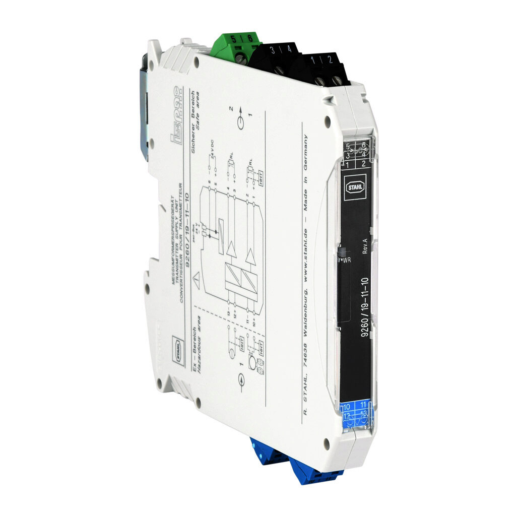 9260-19-11-10S - STAHL ISpac intrinsically safe analog input isolator, 0-20 mA HART or 4-20 mA HART input, (2) 0-20 mA HART and (2) 4-20 mA HART output, 24 VDC operating voltage, screw terminals.