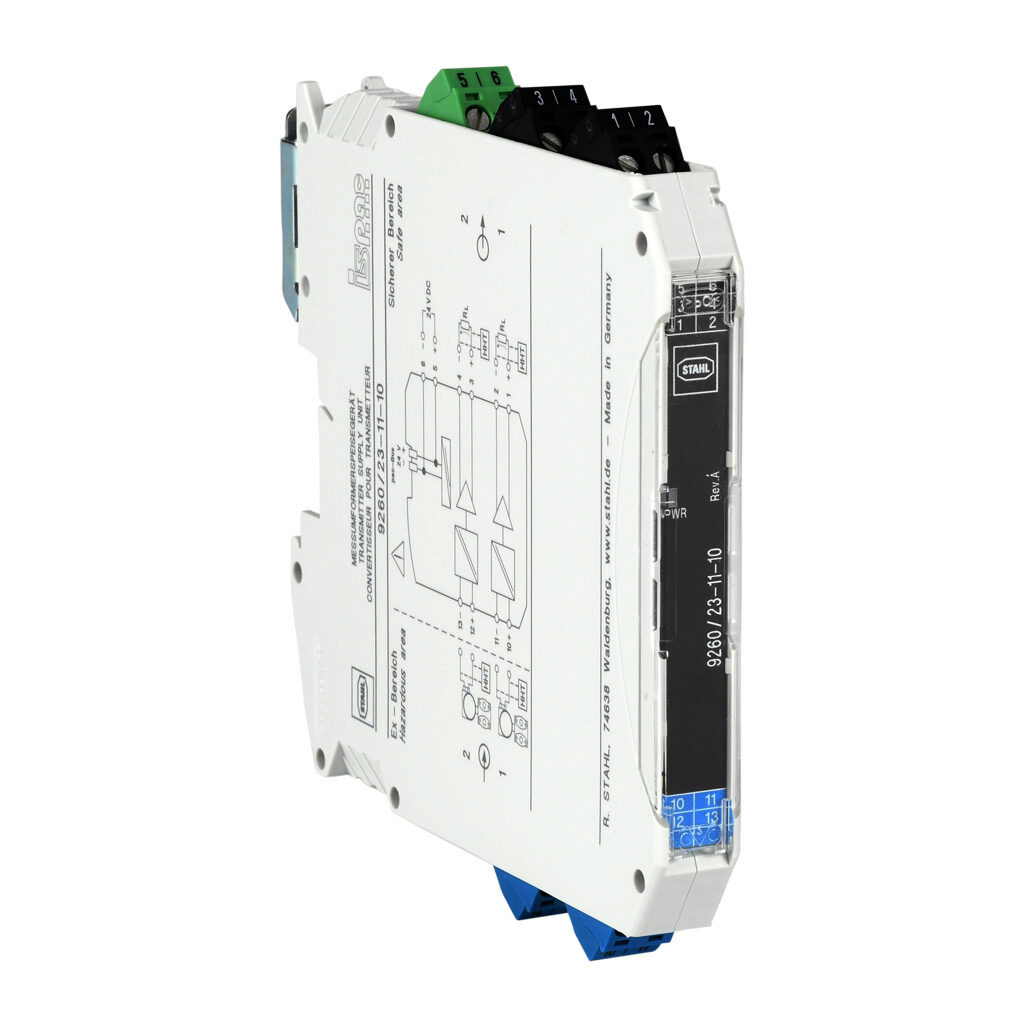 9260-23-11-10S - STAHL ISpac intrinsically safe analog input isolator, (2) 0-20 mA HART or (2) 4-20 mA HART input, (2) 0-20 mA HART and (2) 4-20 mA HART output, 24 VDC operating voltage, screw terminals.