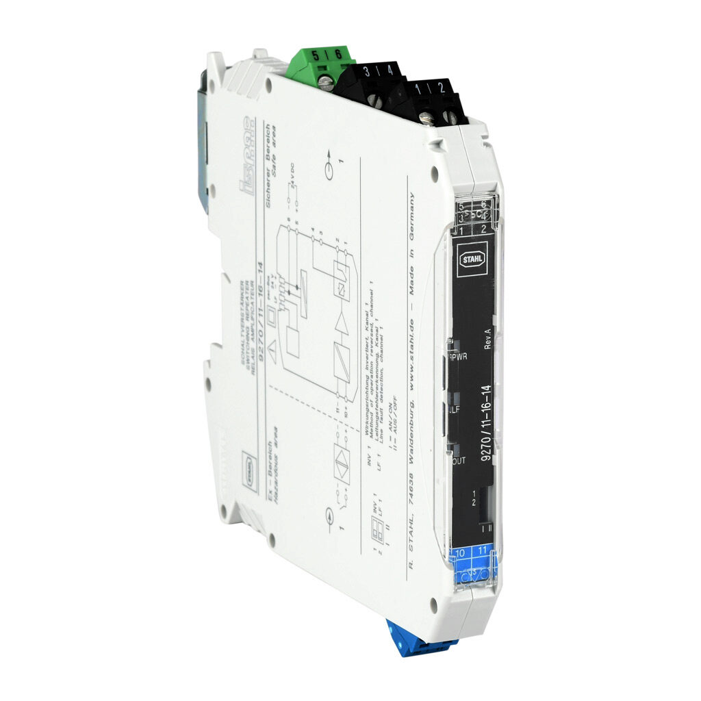 9270-11-16-14S - STAHL ISpac intrinsically safe digital input isolator, NAMUR sensor or dry contact input, SPDT relay output, 24 VDC operating voltage, screw terminals.