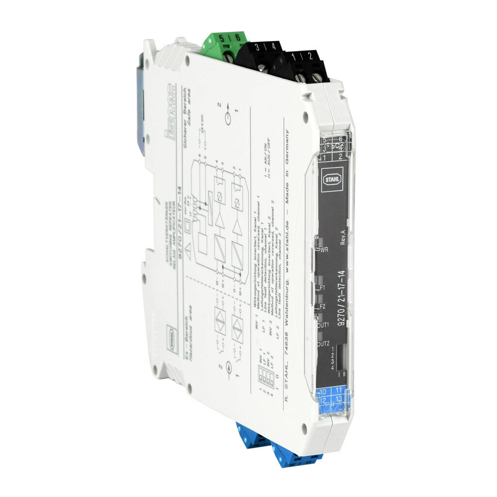 9270-21-17-14S - STAHL ISpac intrinsically safe digital input isolator, (2) NAMUR sensors or (2) dry contacts input, (2) N.O. contacts output, 24 VDC operating voltage, screw terminals.