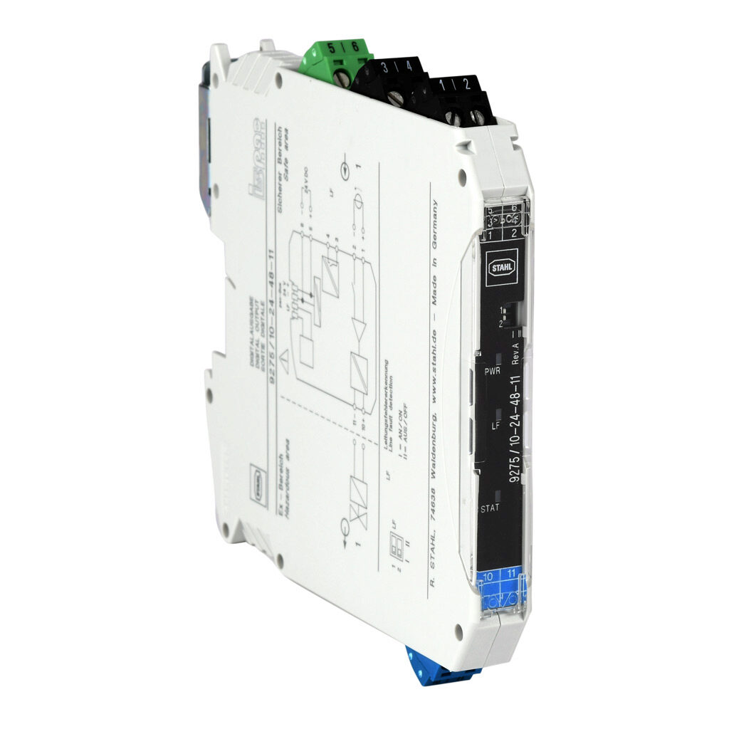 9275-10-24-48-11S - STAHL ISpac intrinsically safe digital output isolator, 15-30 VDC input, 48 mA at 9.7 VDC output, 24 VDC operating voltage, screw terminals.