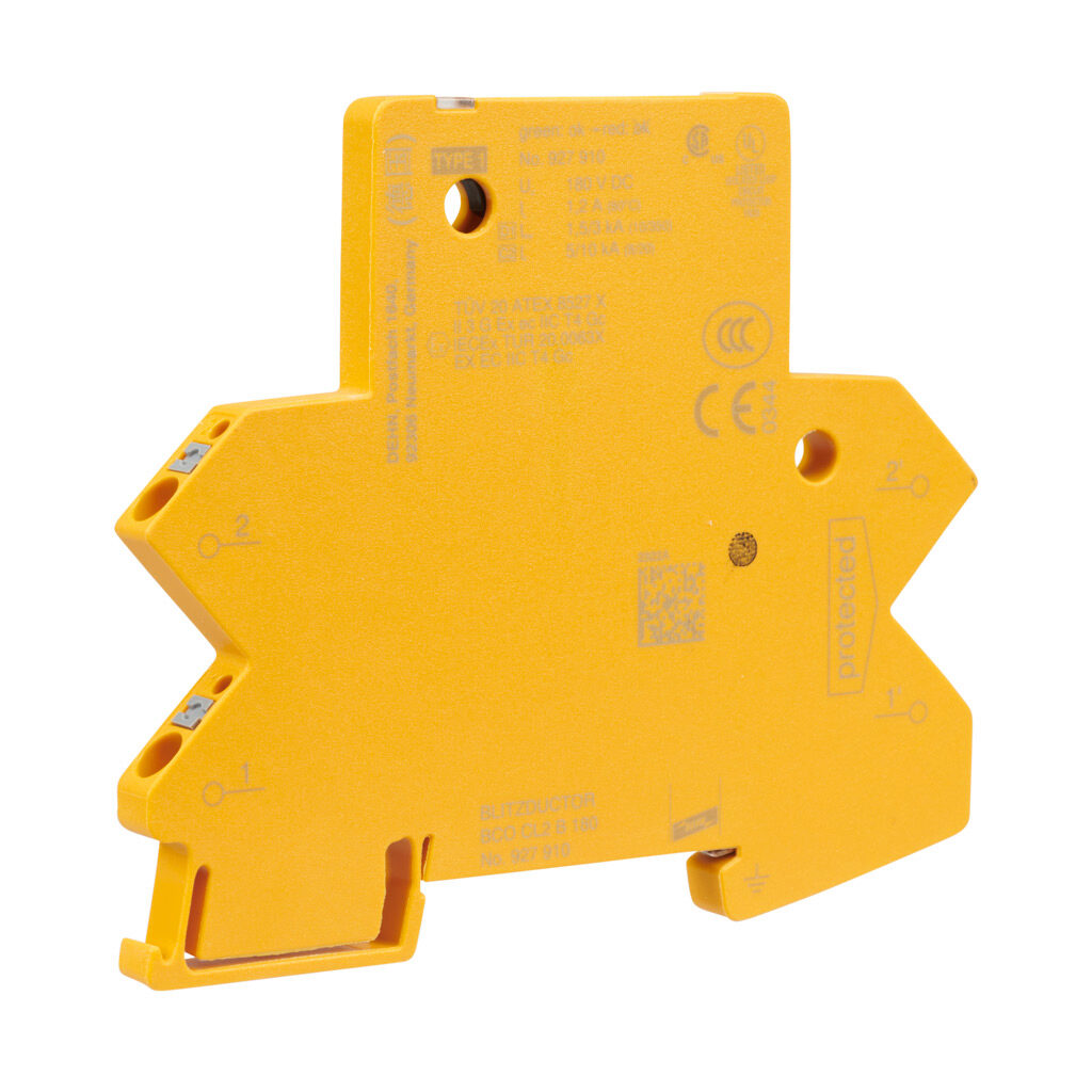 927910 - Dehn BCO compact series data & signal Surge Protective Device (SPD), 5 kA discharge current, 180 VAC/VDC, series circuit, indirect grounding, 2 lines or 1 pair, 35mm DIN rail mount.