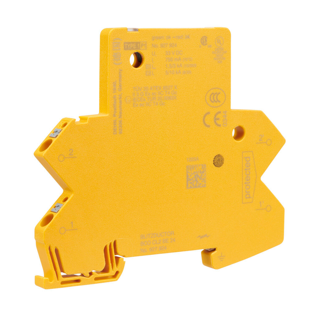 927924 - Dehn BCO compact series data & signal Surge Protective Device (SPD), 5 kA discharge current, 24 VAC/VDC, series circuit, direct grounding, 2 lines or 1 pair, 35mm DIN rail mount.
