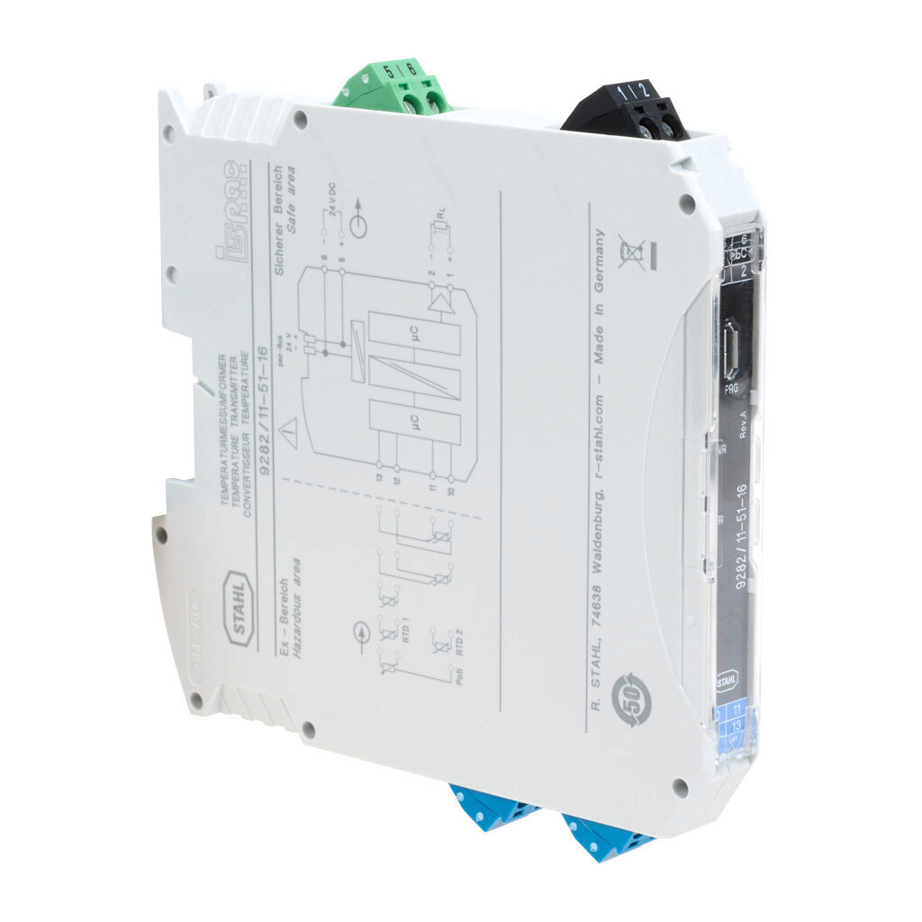 9282-11-51-16S - STAHL ISpac intrinsically safe temperature input isolator, RTD or potentiometer input, 0-20 mA and 4-20 mA output, 24 VDC operating voltage, screw terminals.