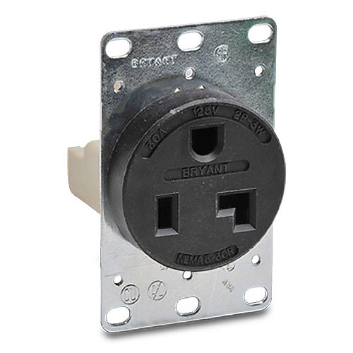 9530FR - Bryant industrial heavy duty single straight blade receptacle, 30A, 125 VAC, 1-phase, 2-pole, 3-wire, NEMA 5-30, thermoplastic molded housing, gray.