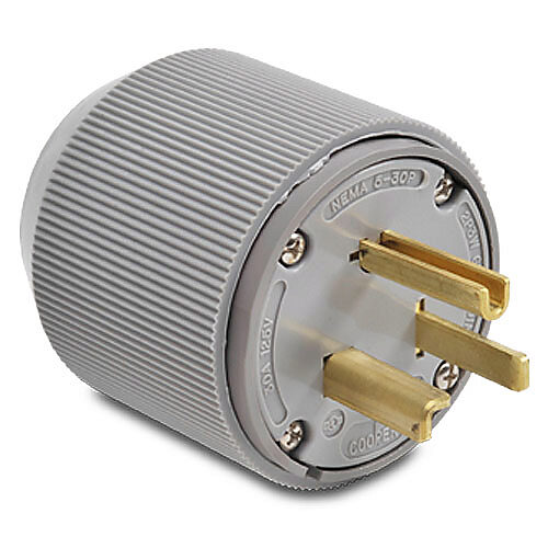 9530NP - Bryant industrial heavy duty straight blade plug, 30A, 125 VAC, 1-phase, 2-pole, 3-wire, NEMA 5-30, accepts cord size 0.42-1.32in, thermoplastic housing, gray.