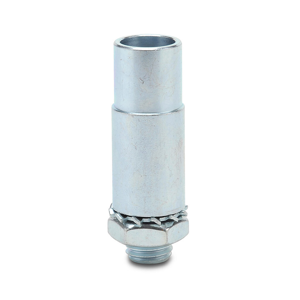 96000025 - WERMA adapter, single-hole mount, 25mm diameter, M18 x 1.5mm thread, silver, metal. For use with 70mm terminal elements. Rubber O-ring, lock washer and hex nut included.