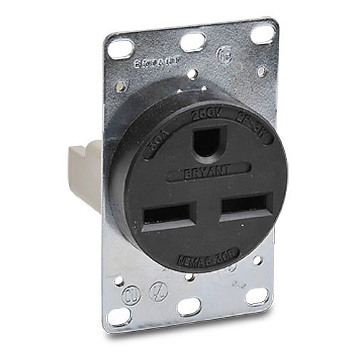 9630FR - Bryant industrial heavy duty single straight blade receptacle, 30A, 250 VAC, 1-phase, 2-pole, 3-wire, NEMA 6-30, thermoplastic molded housing, gray.