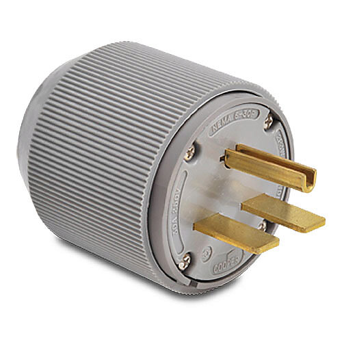 9630NP - Bryant industrial heavy duty straight blade plug, 30A, 250 VAC, 1-phase, 2-pole, 3-wire, NEMA 6-30, accepts cord size 0.42-1.32in, thermoplastic housing, gray.