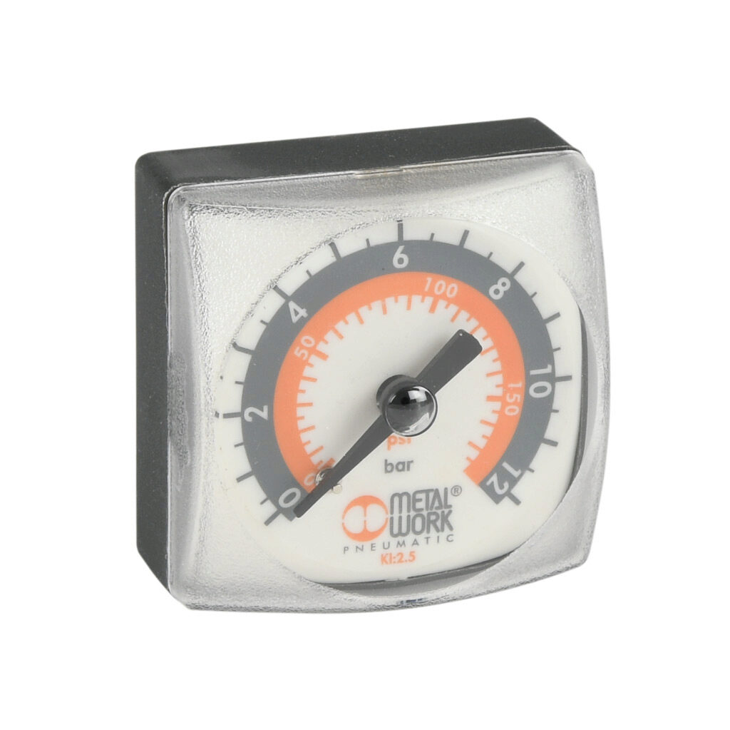 9700110 - Metal Work pneumatic mechanical pressure gauge, 40mm x 40mm, 0 to 180 psi, G1/8 male BSPP process connection, center back mount.