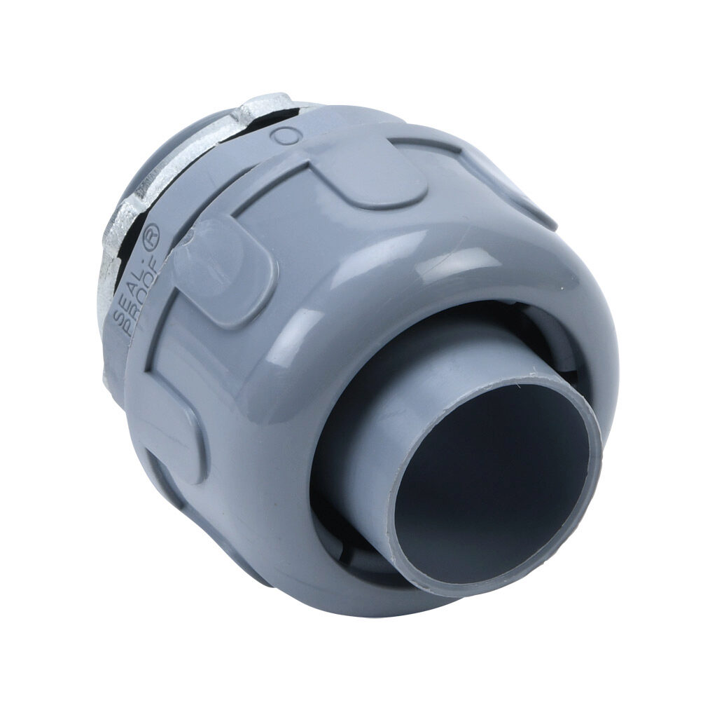 97623 - Halex fitting, liquid-tight, nylon, straight, 1in trade size, compression conduit connection, insulated, gray. Package of 1. For use with NM-Type B electrical conduit. Sealing washer and locknut included.