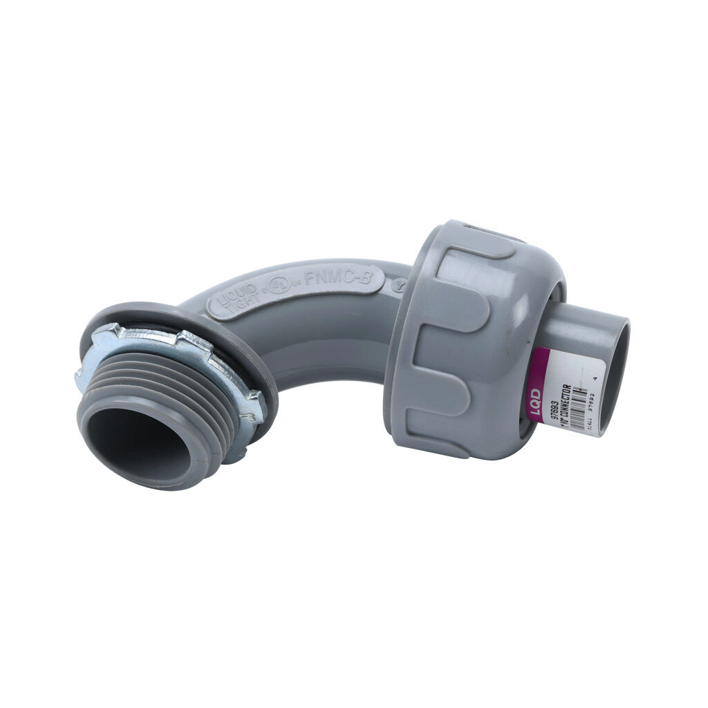 97693 - Halex fitting, liquid-tight, nylon, 90-degree, 1in trade size, compression conduit connection, insulated, gray. Package of 1. For use with NM-Type B electrical conduit. Sealing washer and locknut included.