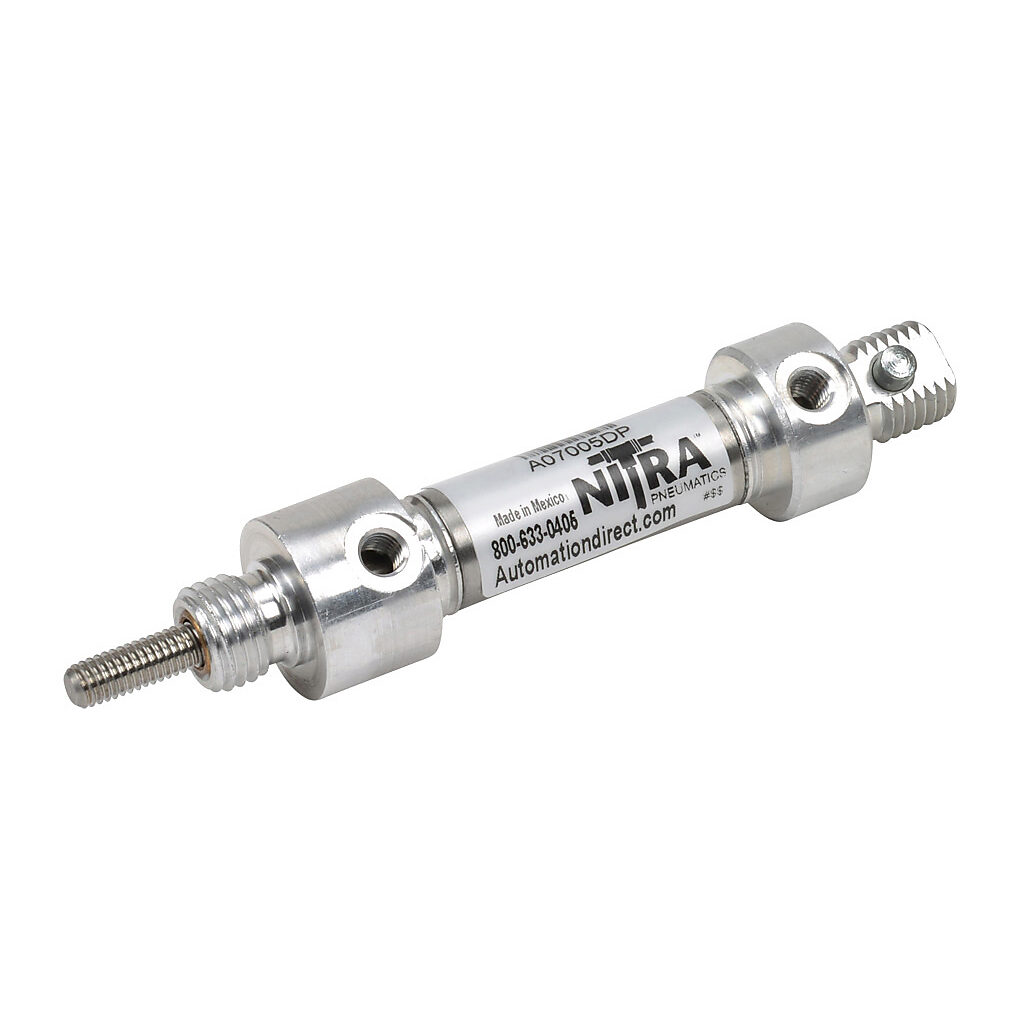 A07005DP - NITRA pneumatic cylinder, non-repairable, 7/16in bore, 3/16in rod diameter, 1/2in stroke, double acting, rear pivot mount.