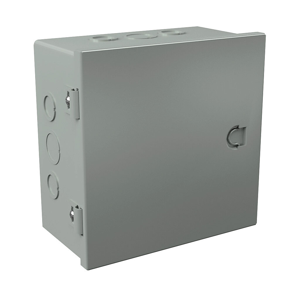 A080804 - Wiegmann enclosure, NEMA 1, 8 x 8 x 4in (HxWxD), wall mount, with knockouts, carbon steel, ANSI 61 gray, powder coat finish, single-door, integral snap-tight latch.