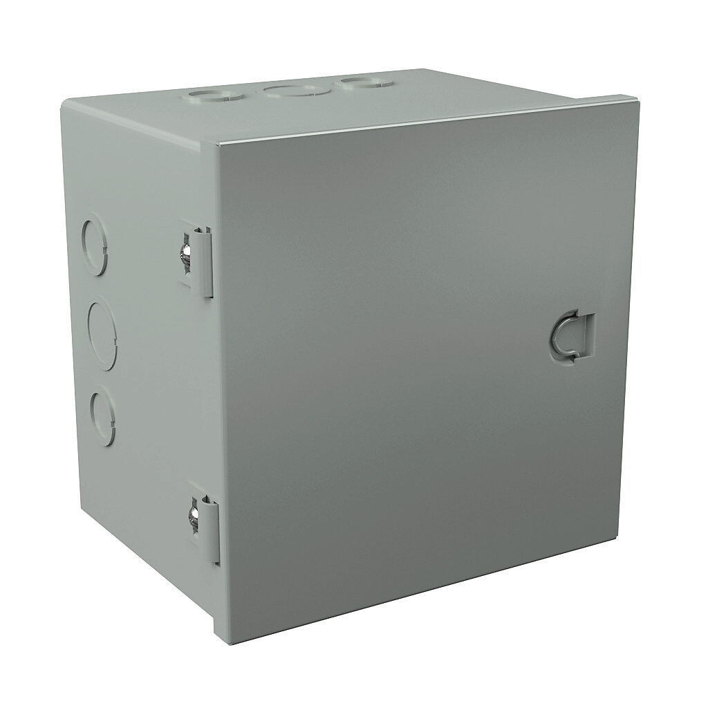 A080806 - Wiegmann enclosure, NEMA 1, 8 x 8 x 6in (HxWxD), wall mount, with knockouts, carbon steel, ANSI 61 gray, powder coat finish, single-door, integral snap-tight latch.