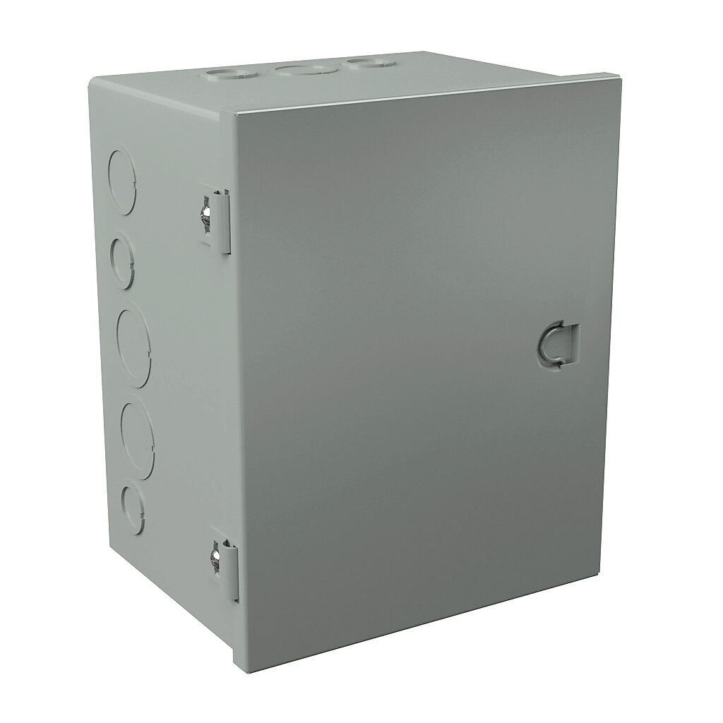 A081006 - Wiegmann enclosure, NEMA 1, 10 x 8 x 6in (HxWxD), wall mount, with knockouts, carbon steel, ANSI 61 gray, powder coat finish, single-door, integral snap-tight latch.