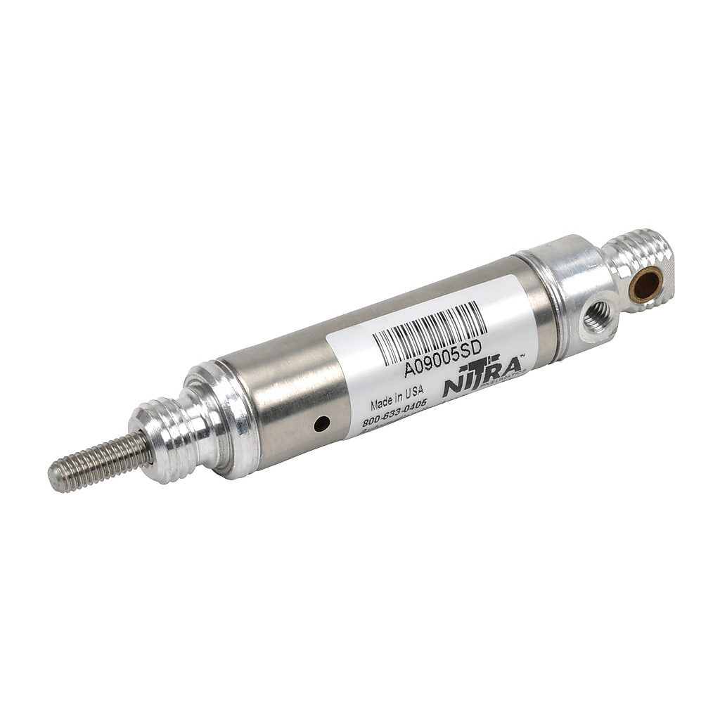 A09005SD - NITRA pneumatic cylinder, non-repairable, 9/16in bore, 3/16in rod diameter, 1/2in stroke, spring return single acting, double end mount.