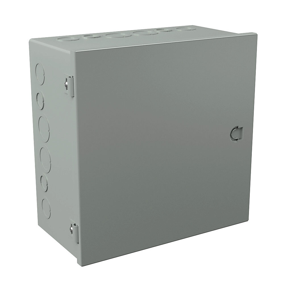 A121206 - Wiegmann enclosure, NEMA 1, 12 x 12 x 6in (HxWxD), wall mount, with knockouts, carbon steel, ANSI 61 gray, powder coat finish, single-door, integral snap-tight latch.