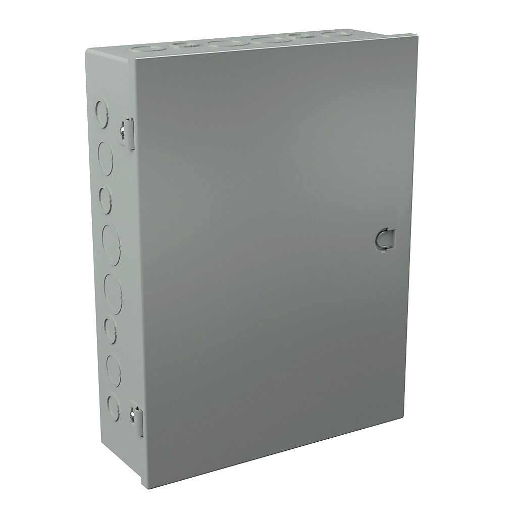 A121604 - Wiegmann enclosure, NEMA 1, 16 x 12 x 4in (HxWxD), wall mount, with knockouts, carbon steel, ANSI 61 gray, powder coat finish, single-door, integral snap-tight latch.